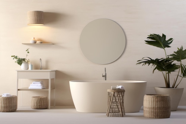 Elegant white and beige bathroom with basin bathtub shower plants and parquet floor