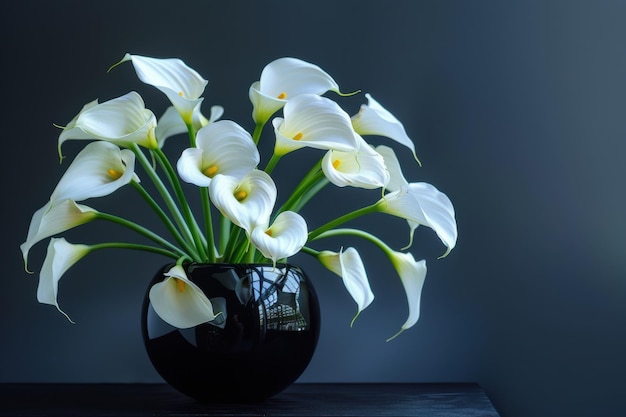 Elegant white calla lilies in a black vase on a dark background showcasing their beauty