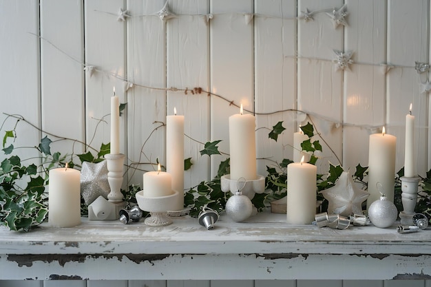 Photo elegant white christmas decor with candles ornaments and greenery for a festive holiday mantel