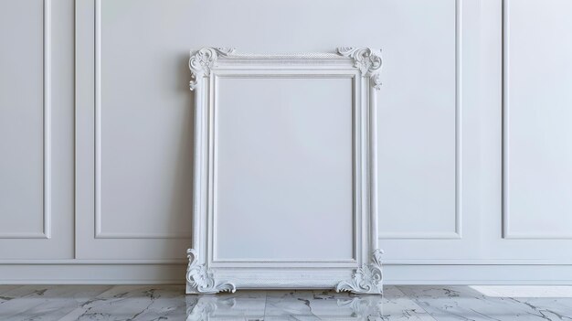 Elegant White Classic Picture Frame with Empty Canvas Wall in Symmetrical Design