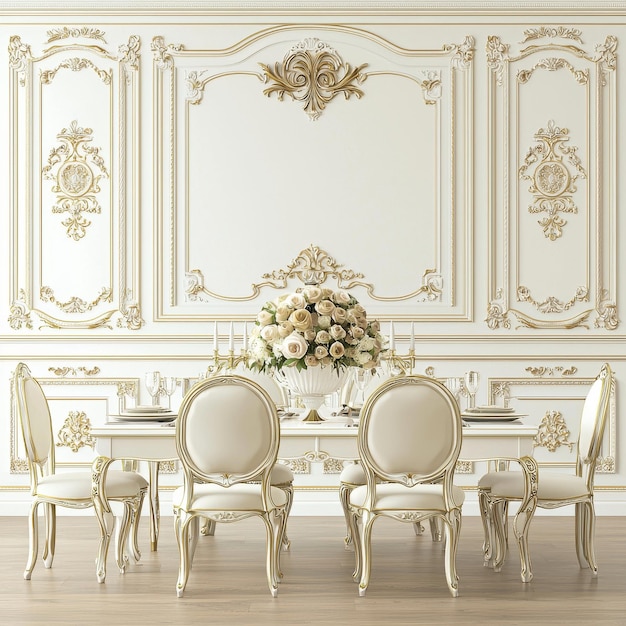 Elegant White Dining Room with Gold Accents and Floral Centerpiece