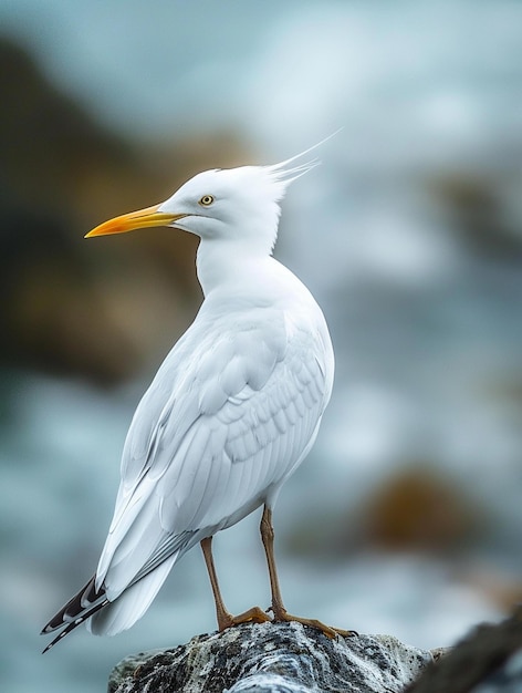 Elegant White Egret Perched on Rock by Water