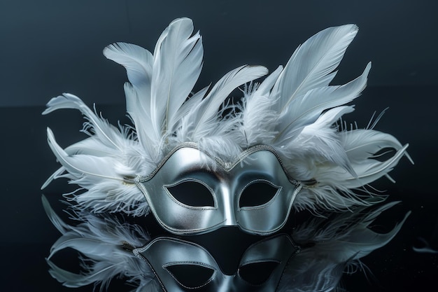 Photo elegant white feathered mask resting serenely on a reflective surface in a dimly lit setting