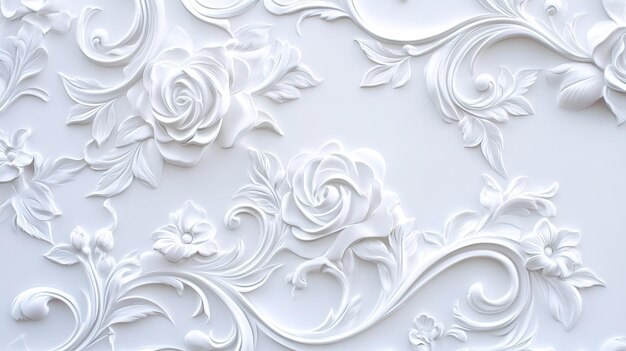 Photo elegant white floral relief design showcasing intricate roses and leaves on a smooth surface perfect for decorative applications