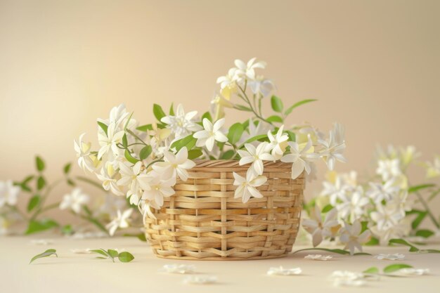 Photo elegant white flowers in wicker basket against soothing beige background for home decor