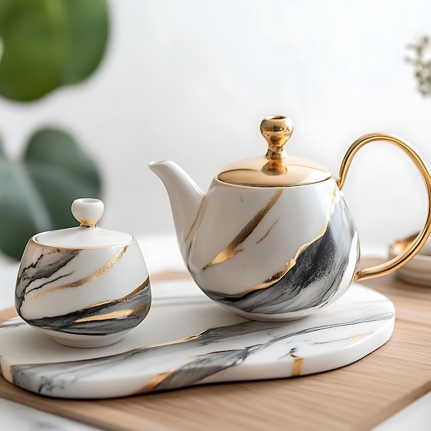 Photo elegant white and gold tea set with marble design