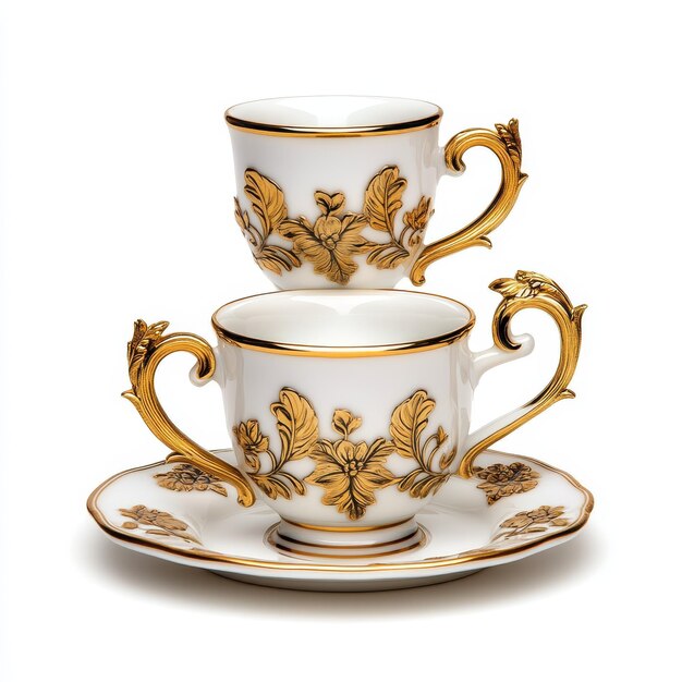 Photo elegant white and gold teacups and saucer set