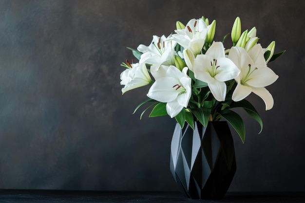 Elegant white lilies arranged in a modern black vase against a dark background