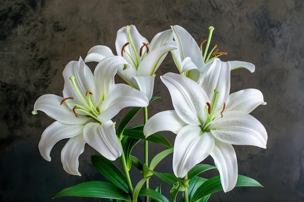 Elegant White Lilies Bouquet with Vibrant Green Leaves on Dark Textured Background A Symbol of