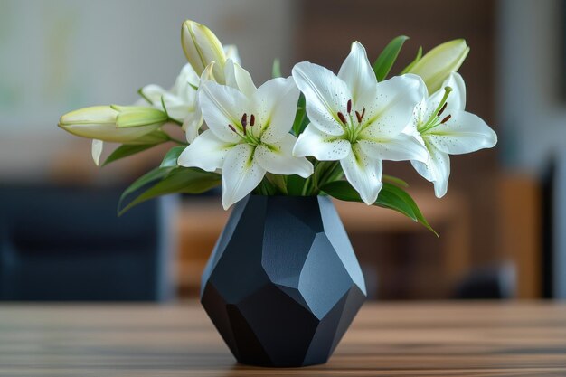 Elegant white lilies in a geometric black vase on a wooden table