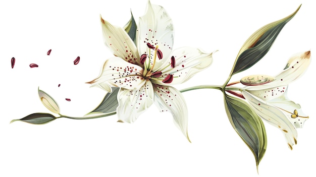 Elegant white lily flower with green leaves on a white background