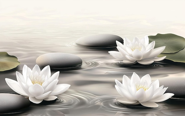 Elegant white lotus flowers blooming on tranquil water with smooth stones under gentle ripples in a serene setting