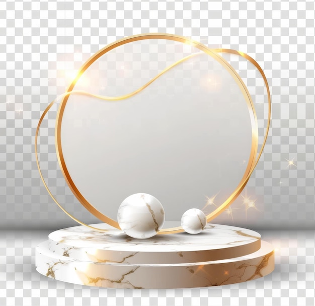 Elegant white marble pedestal with golden circle light and spheres on transparent background