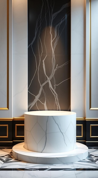 Elegant white marble podium on black and white tiled floor