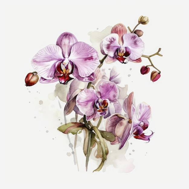 Elegant White Orchid Watercolor Painting on a Clean Background