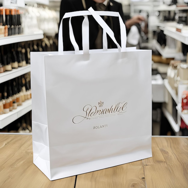 Elegant white paper shopping bag with a glossy