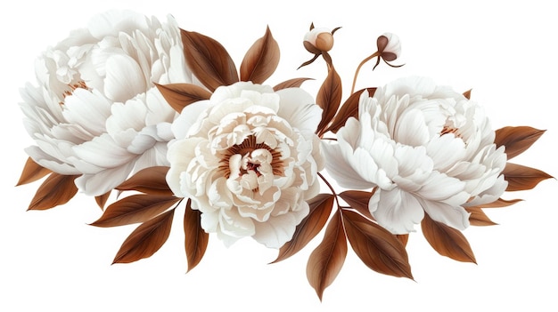 Elegant white peonies with brown leaves generative ai