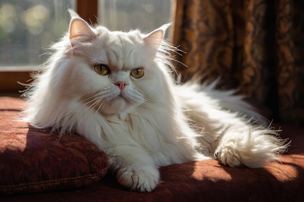 Elegant white Persian cat lounging indoors