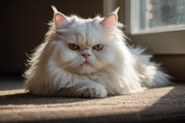 Elegant white Persian cat lounging indoors