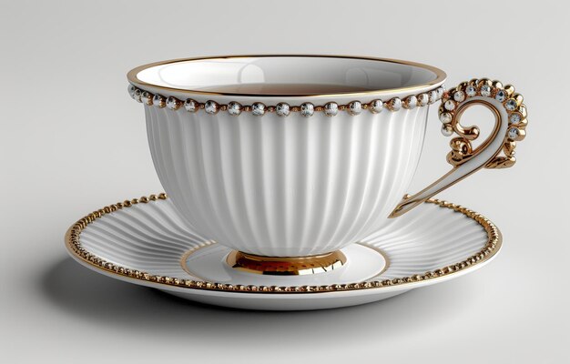 Elegant White Porcelain Teacup with Gold and Diamond Accents on Matching Saucer