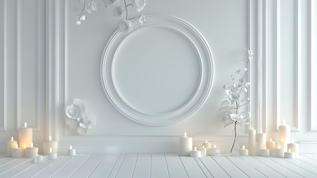 An elegant white room with a circular frame on the wall The room is decorated with white flowers