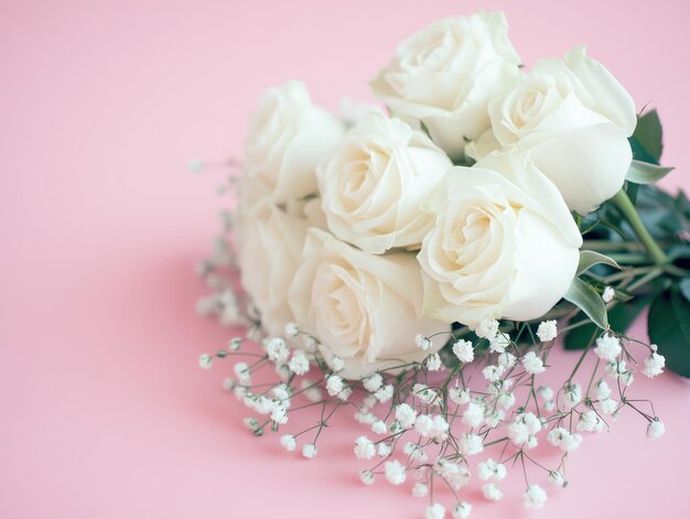 Photo elegant white roses bouquet on a pink background