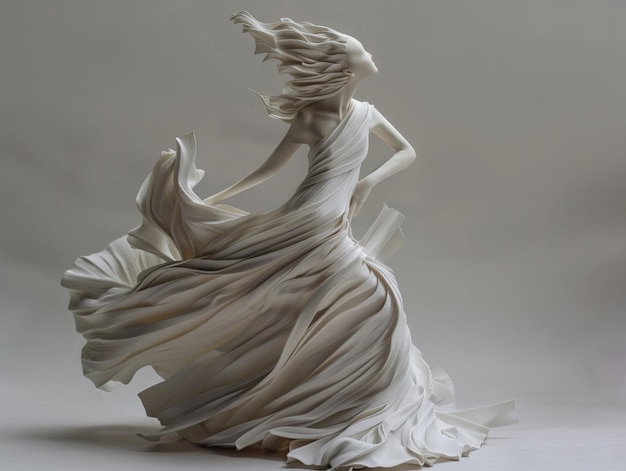 Photo elegant white sculpture of a flowing dress in motion with delicate hair details showcasing artistry