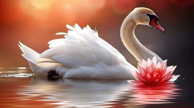 Photo elegant white swan swimming in a pond with a pink water lily