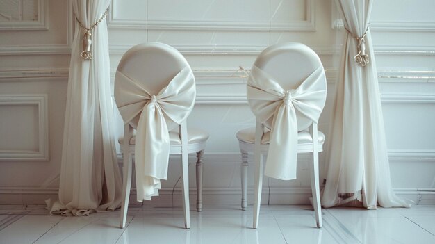 Photo elegant white wedding chairs with bows by window