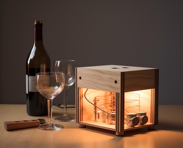 Elegant wine glasses snug in a rustic wooden holder a blend of style and functionality