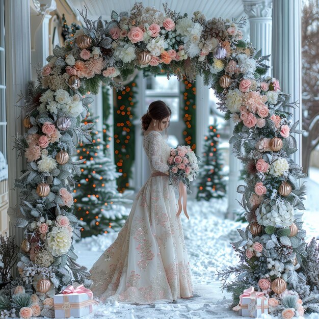 Photo elegant winter wedding bride under floral arch with snowy background and christmas decorations