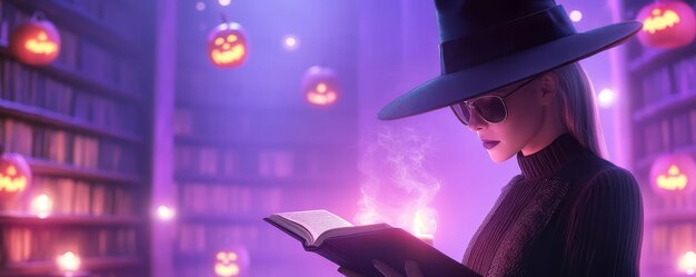 Photo elegant witch with a spellbook standing in a library filled with mystical halloween decorations and floating candles