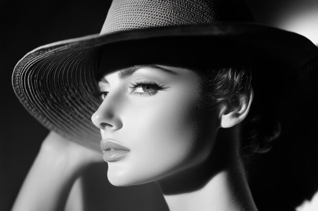 Elegant woman in a 1940 black and white portrait wearing a widebrimmed hat and showcasing timeless beauty