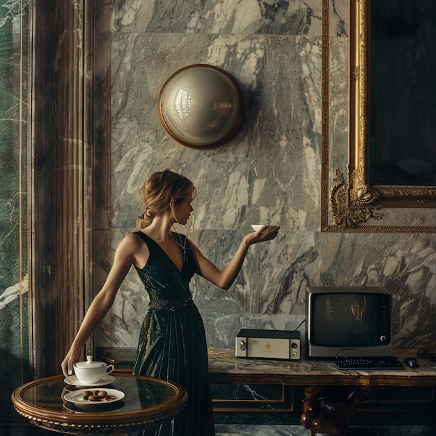 Photo elegant woman attending a ball surrounded by a coffee table and computer