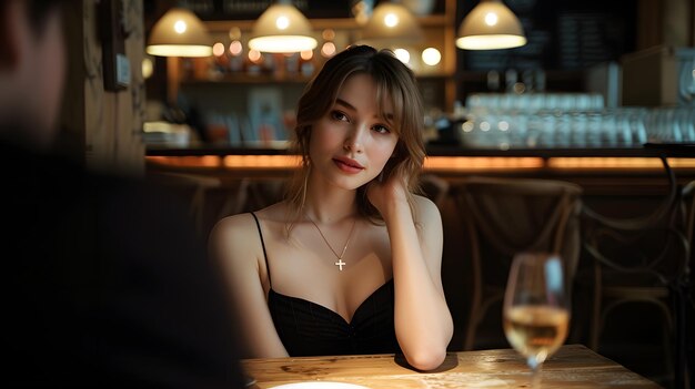 Elegant woman in a black dress enjoying a romantic dinner at a dimly lit restaurant with a glass of wine