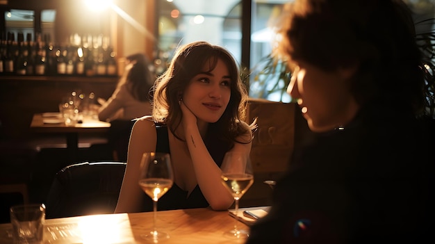 Elegant woman in a black dress enjoying a romantic dinner at a dimly lit restaurant with a glass of wine