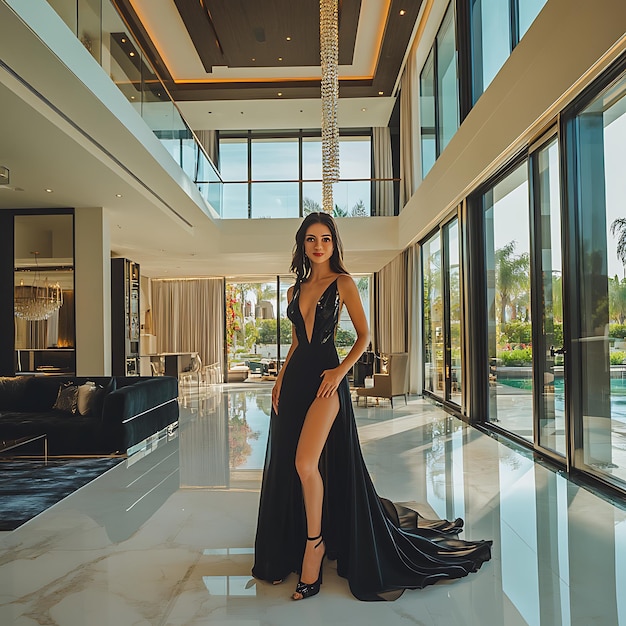 Photo elegant woman in a black dress posing in a luxurious modern home