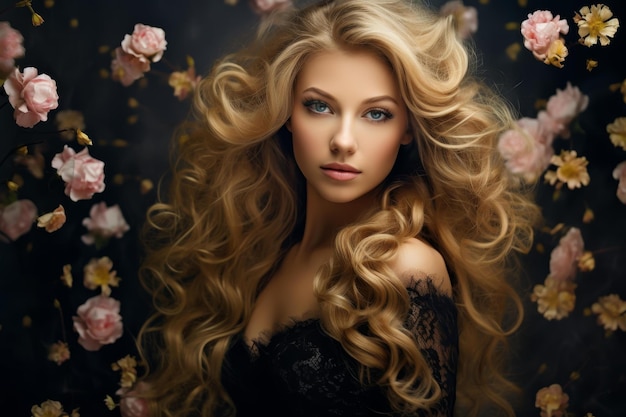 Elegant woman in black dress with floral hair accessories showcasing a radiant