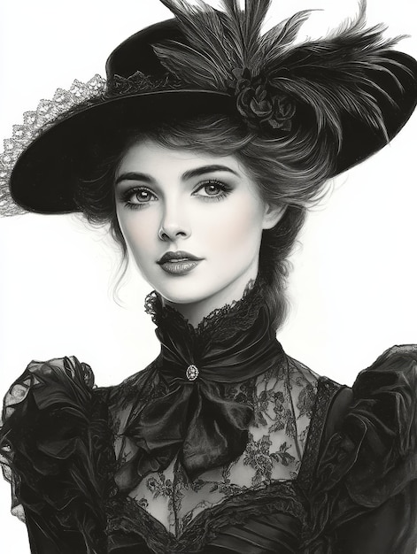 Elegant Woman in a Black Hat and Dress