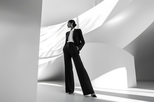 Photo elegant woman in black suit in modern abstract space