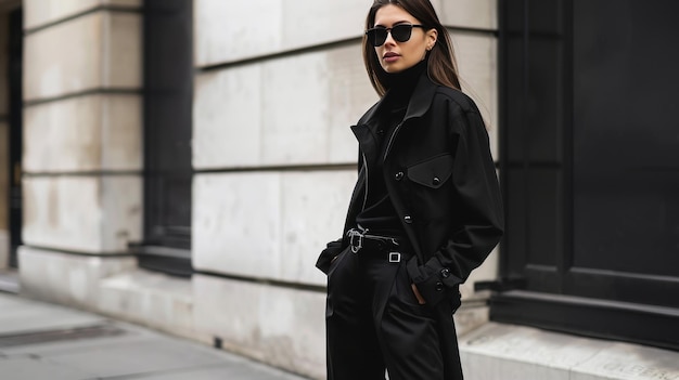 Photo elegant woman in black turtleneck and coat with sunglasses