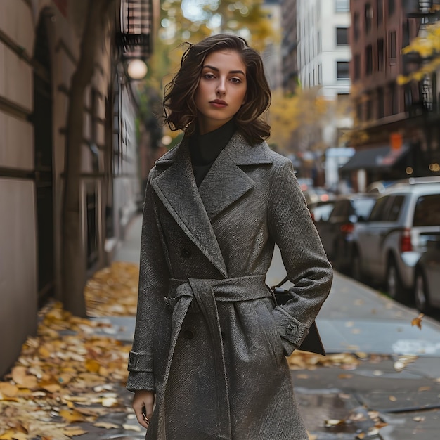 Photo elegant woman in chic kneelength coat standing confidently on busy city street during fall with aut