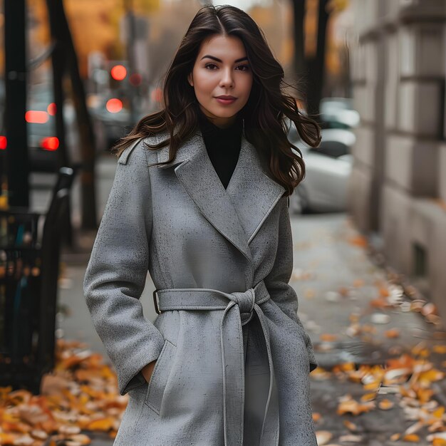 Photo elegant woman in chic kneelength coat standing confidently on busy city street during fall with aut