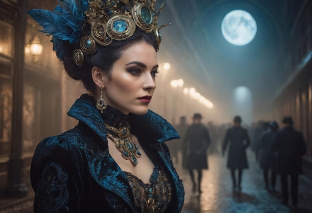 Elegant Woman Dressed in Vintage Costume at a Moonlit Masquerade Ball