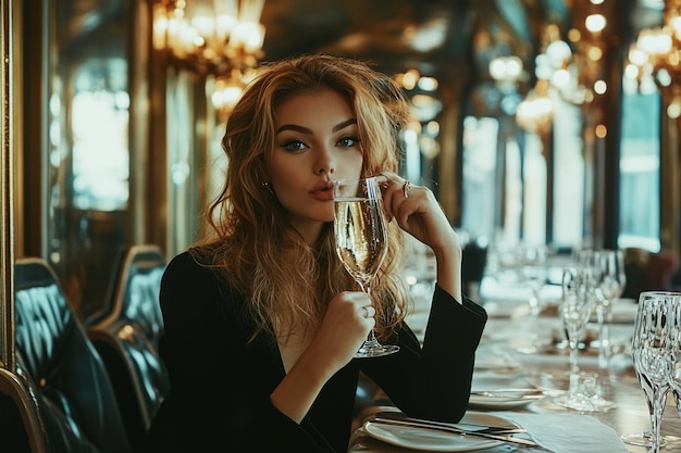 Photo elegant woman enjoying champagne in a luxurious setting