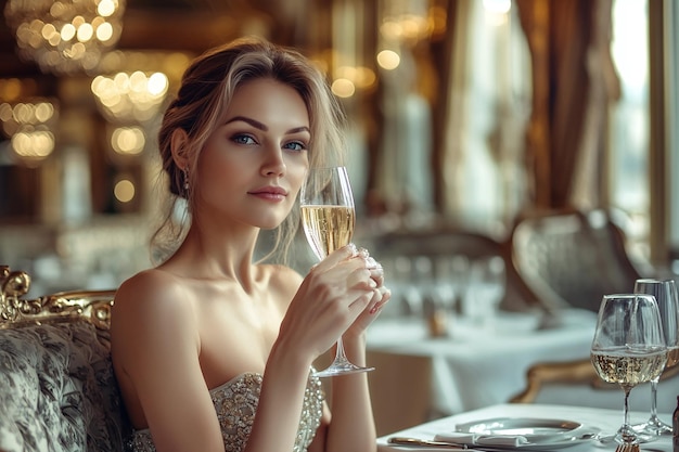 Photo elegant woman enjoying champagne in a luxurious setting