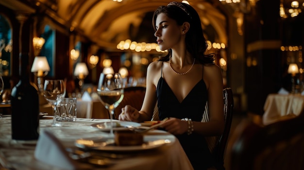 Photo elegant woman enjoying a luxurious evening at a fine dining restaurant