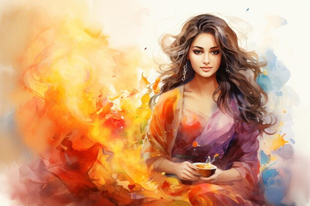 Elegant woman enjoying tea by the cozy fireside surrounded by a warm ambiance