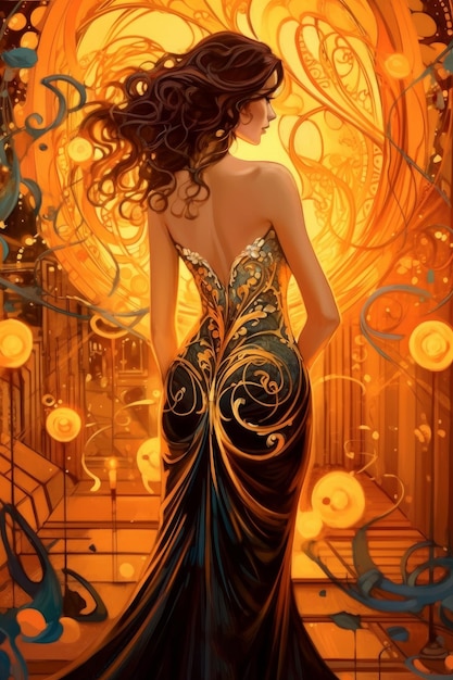 An elegant woman in a evening gown adorned