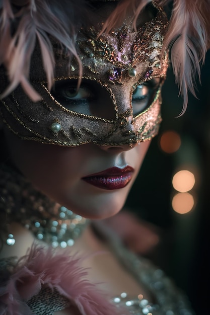 Elegant Woman in Feathered Masquerade Mask with Glittering Details and Soft Lighting